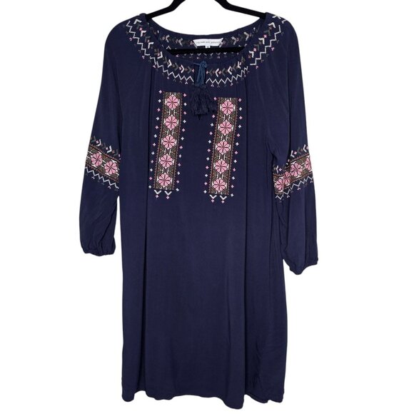 Cupcakes And Cashmere M Mini Dress Navy Blue Floral Embroidered Boho Peasant - Picture 1 of 6